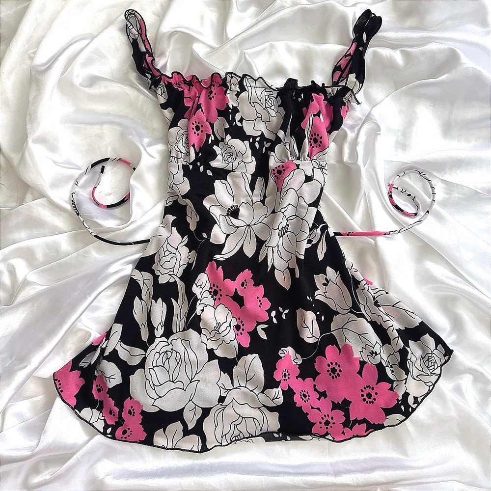 Essential Vintage Floral Mini Dress Pink Black White Ruffle Tie Back Large